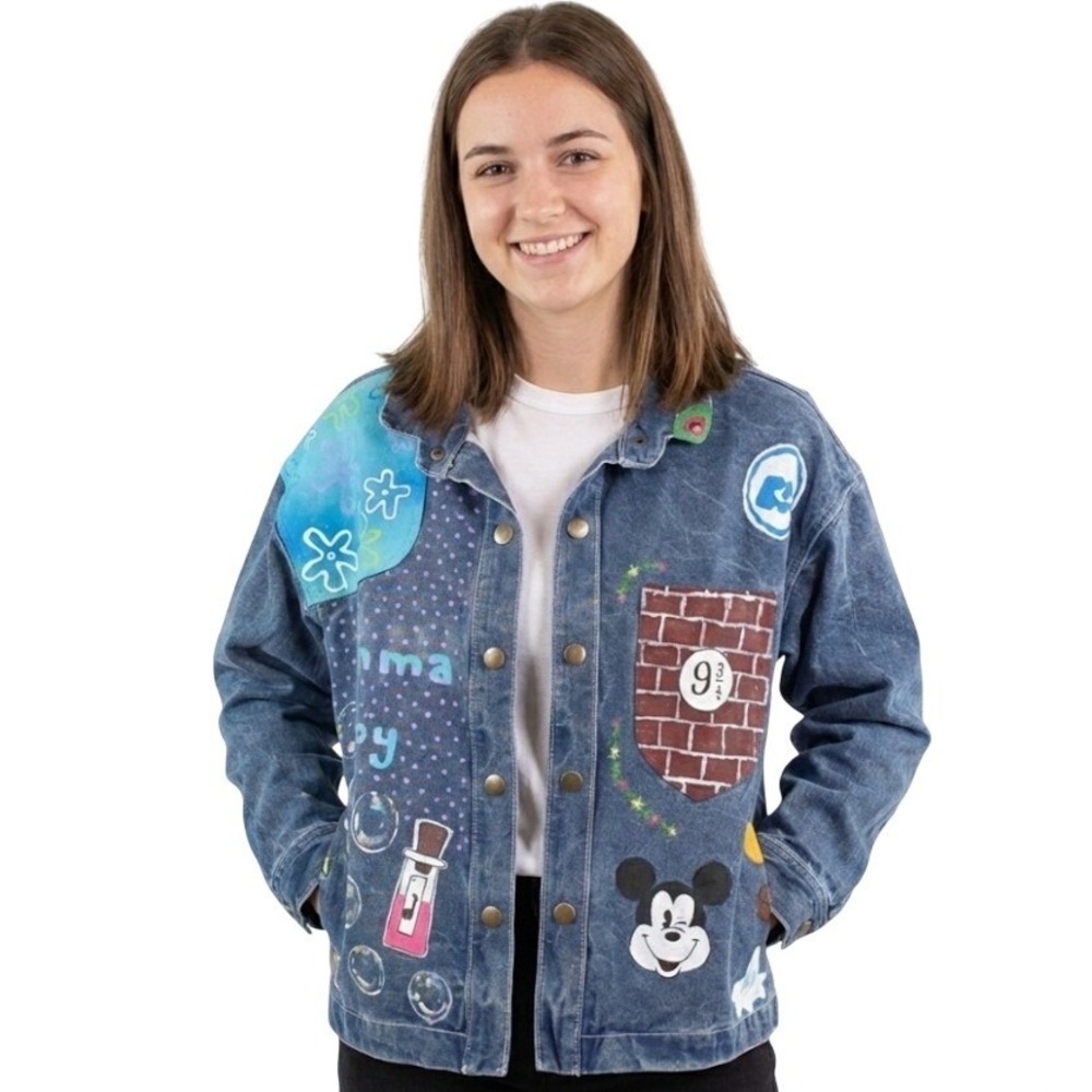 Urban Outfitters Womens M Custom Denim Jacket Mickey Mouse‎ Patches Unique Art